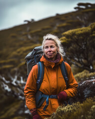 Fototapeta na wymiar AI generated middle aged woman hiking in Mt William National Park, in the Australian state of Tasmania