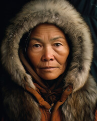 AI generated portrait of middle aged woman walking in Inuit village Alaska