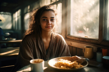 AI generated Indian girl in the morning in a cafe having breakfast