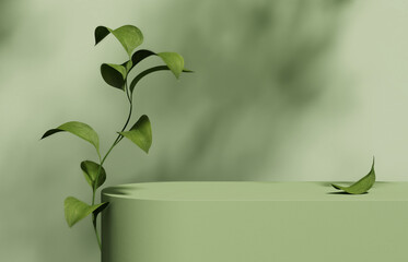 3D podium display on green background. Natural branch with leaves. Cosmetic, beauty product promotion. Pedestal with tree shadow.  Natural, showcase. Abstract minimal studio 3D render © kopikoo
