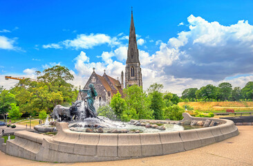  View of Gefion Fountain and St. Alban's Church in Copenhagen. Denmark