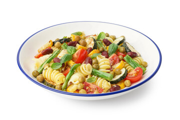 Bowl of tasty pasta salad with tomatoes and basil on white background