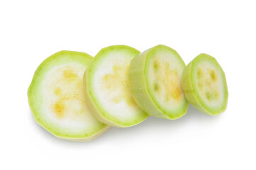 Slices of fresh green zucchini on white background