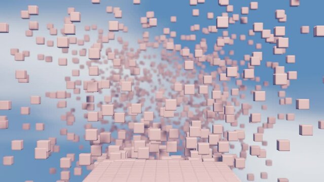 Abstract geometric background.  Light-colored cubes distributed across the sky gather into a path or bridge.