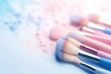 Pastel pink and blue makeup brushes laid flat on a white surface. AI generated