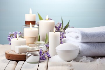 Beauty treatment items for spa procedures on white wooden table. AI generated