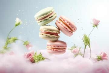 Close up of macaroons and roses flying in the air. AI generated