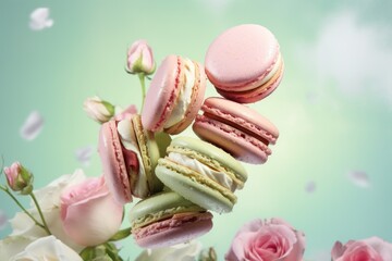 Fototapeta na wymiar Close up of macaroons and roses flying in the air. AI generated