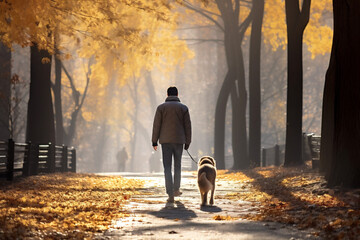 Walking man with the dog in the autumn park of Manhattan. Outdoor morning walk together. Autumn...