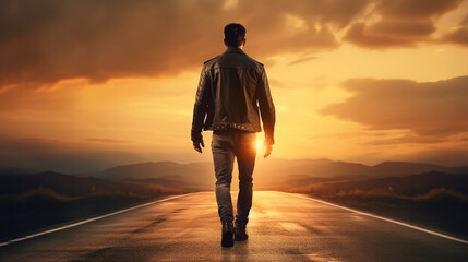 a courageous man in a leather jacket walks along the road over the horizon at sunset. Generative Ai. 