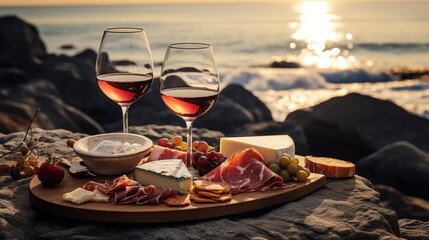 romantic dinner for two with red wine by the ocean at sunset. Generative Ai. 