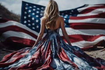A woman wearing a dress with the American flag