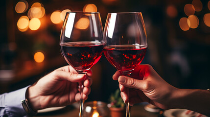 romantic dinner in a restaurant man and woman with glasses of red wine close-up. Generative Ai.