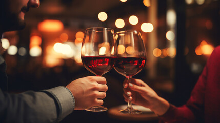 couple raising glasses with red wine. Generative Ai. 