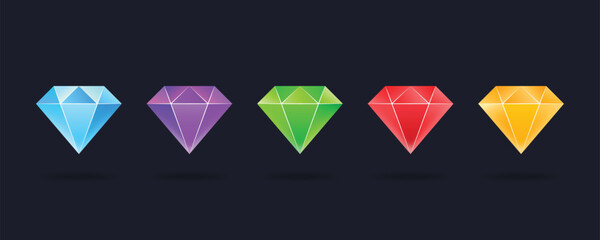 Realistic diamonds in blue, purple, green, red and yellow colors vector set. Precious stones and adamant icon set.