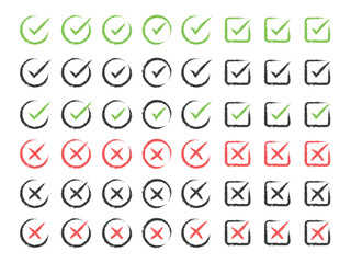 Hand drawing check marks icon set. Confirmed and rejected sign in grunge style vector icon set. Approved-Disapproved, Accepted-Rejected, Right-Wrong sign.