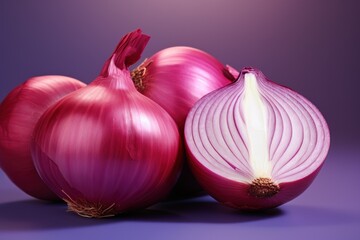 Sliced red onion on a pastel purple background. AI generated