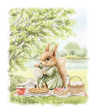 Watercolor vintage summer composition with squirrel animal in vintage dress on picnic with food and tea party in summer green landscape isolated on white background. Hand drawn illustration sketch
