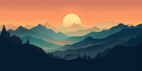 Coral Sky at Dusk: A Neo-Geo Minimalism Mountain Landscape AI Generated