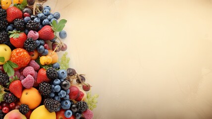 Fresh fruits, food background. Web banner with copy space. Generative AI