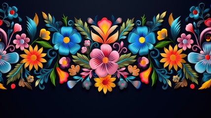 Mexican embroidery, flowers, floral ethnic pattern. Web banner with copy space. Generative AI - obrazy, fototapety, plakaty