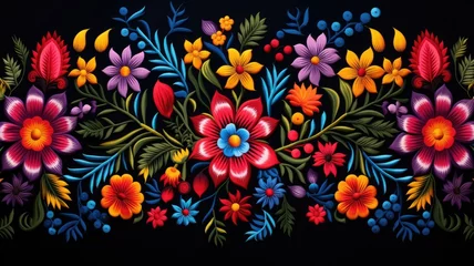 Fotobehang Boho Mexican embroidery, flowers, floral ethnic pattern. Web banner with copy space. Generative AI