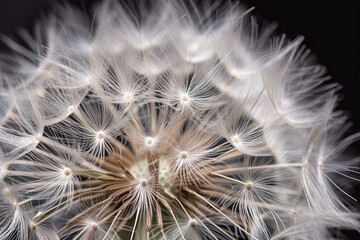 Dandelion seeds on a black background close-up macro photography.