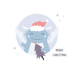 Christmas holiday illustration with adorable dragon holding a seasonal tree