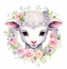 Delicate Watercolor Lamb Face on Flower Wreath AI Generated