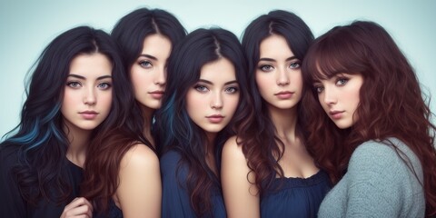 Fototapeta premium Portrait of five diverse girlfriends standing together on the wall background indoors. Concept of female friendship and beauty. Women with different hair color wearing casual dress. Generative AI