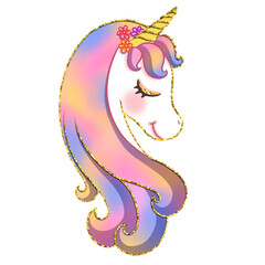 Cute pastel Unicorn png with glitter, luxury art, girly style, Unicorn Head for art, craft, card, kid. Birthday Theme. Character