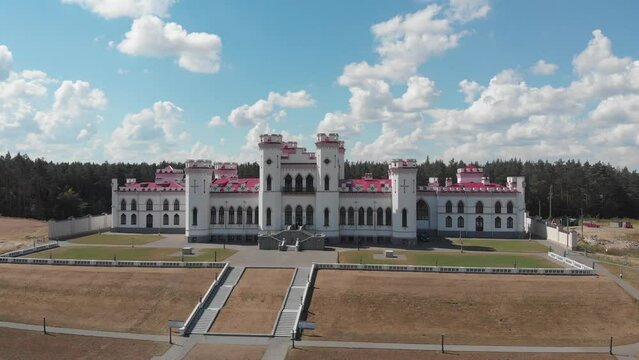 History and architecture concept. Top view of Palace of the Puslovskys in Kossovo. Belarus