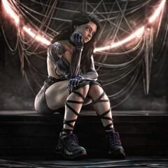 stylish female cyborg in a futuristic neon light environment with soft focus background