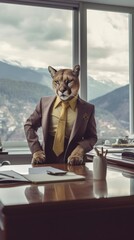 Puma in a Business Suit with Golden Accents in a Mountain-Themed Office AI Generated