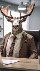 Elegant Reindeer in Business Attire in a Winter-Themed Office AI Generated