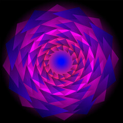 Abstract vector pattern in the form of blue and purple triangles arranged in a circle on a black background