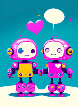 Little robot boy and girl.love between androids