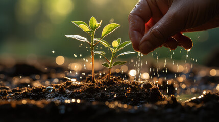 Fototapeta premium Nurturing Nature. Watering a tree seed under the warm sunlight. Growth and care for nature concept. AI Generative