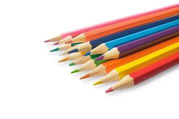 Stack of colored pencils isolated on white background. Children's creativity, drawing concept. Design element