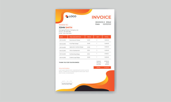 Wavy Invoice minimalist design template. Bill form business invoice accounting,