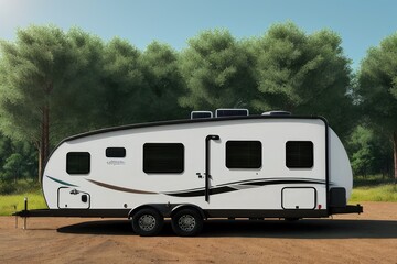 Eco-friendly mobile home. Green renewable energy. Solar panel fixed on tourist trailer. Off-road trailer stands in the parking lot on the background of thick green foliage. Copy space. Generative AI