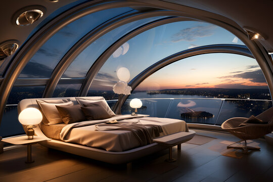 luxury hotel room with sunset