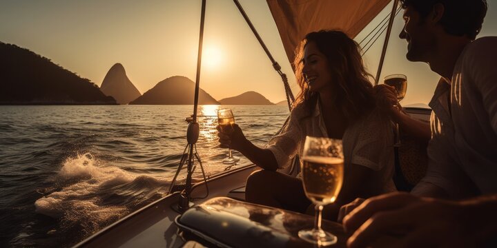 romantic couple at sunset, Couple Enjoys Champagne in Rios Sundown, Immersed in Golden Light and Sun Kissed Palettes, Creating Interactive Experiences in High-Resolution Photography by Victor Prezio 
