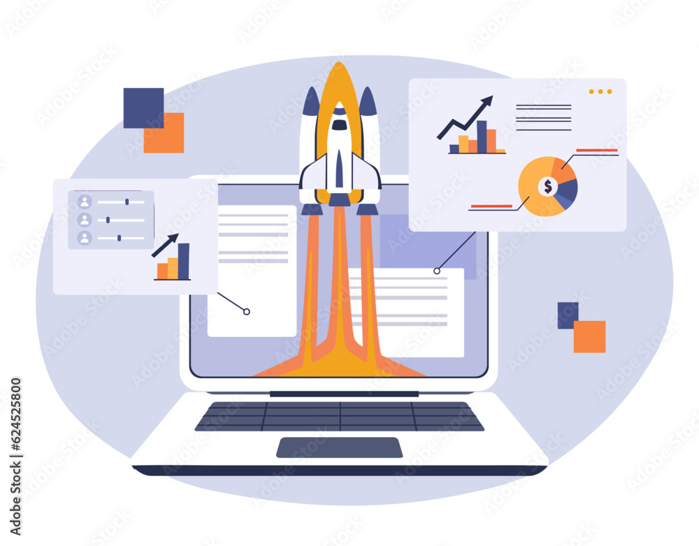 Poster progress in computer concept. laptop with rocketship, operating system optimization. modern technolo