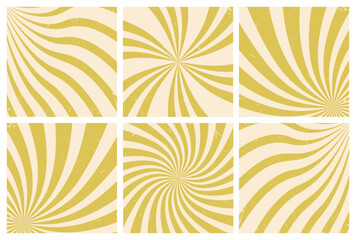 Set of gold background swirls with rays in retro 70's style with grunge texture.Set of summer flat vintage style groovy vintage backgrounds for carnival prints, banners,invitations.Vector illustration