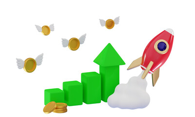 3d flying space rocket with coin wing and trading graph Business start-up concept Growth statistics Stock exchange finance investment Minimal 3D rendering illustration