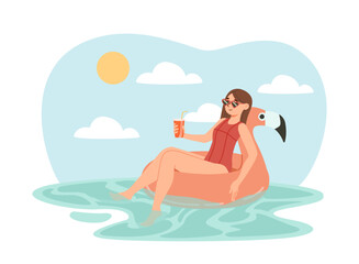 Woman with summer relax concept. Young girl in swimsuit with cocktail in glass. Rest and relax, sunbathing. Travel and leisure outdoor. Summer paradise and recreation. Cartoon flat vector illustration