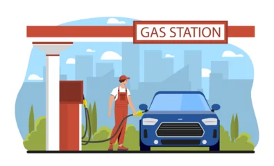 Fotobehang Worker at gas station concept. Man in uniform fills cars gas tank with gasoline. Fuel and energy. Blue vehicle and automobile. Refueling of transport. Cartoon flat vector illustration © Rudzhan