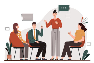 Group discussion concept. Men and women sit and discuss issues. Communication and interaction. People discuss question or topic. Addiction treatment and therapy. Cartoon flat vector illustration