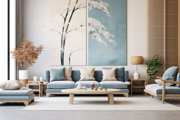 modern home room wall apartment interior furniture design white sofa blue. Generative AI.